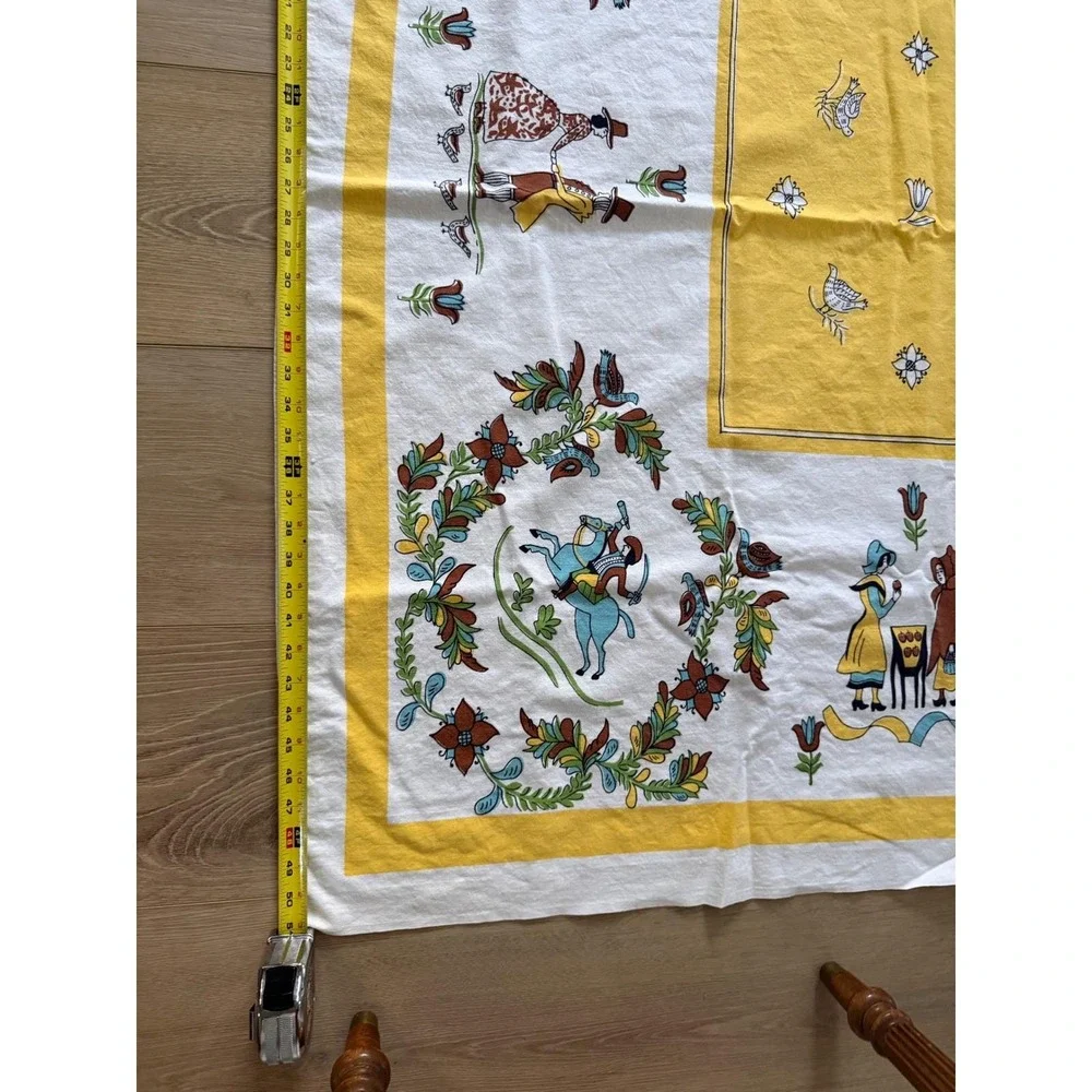 Vintage Folk Art Tablecloth Yellow Dutch Figures Floral Wreath 50x62 Rectangular
